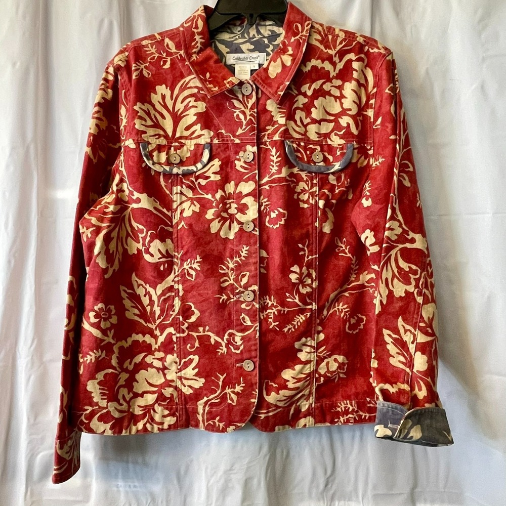 Vintage Coldwater Creek Sz L Red & Tan Floral Canvas Shacket Contrast Cuffs Boho